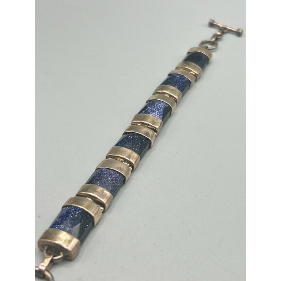 Blue Goldstone Sterling Silver 925 Link Bracelet Genuine Semi Precious Stone - Picture 3 of 6